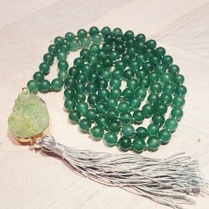 Green Druzy Aventurine Mala Silk Tassel Necklace